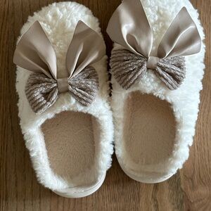 Cozy White House Slippers with chocolate espresso bows Bows Bridal getting ready